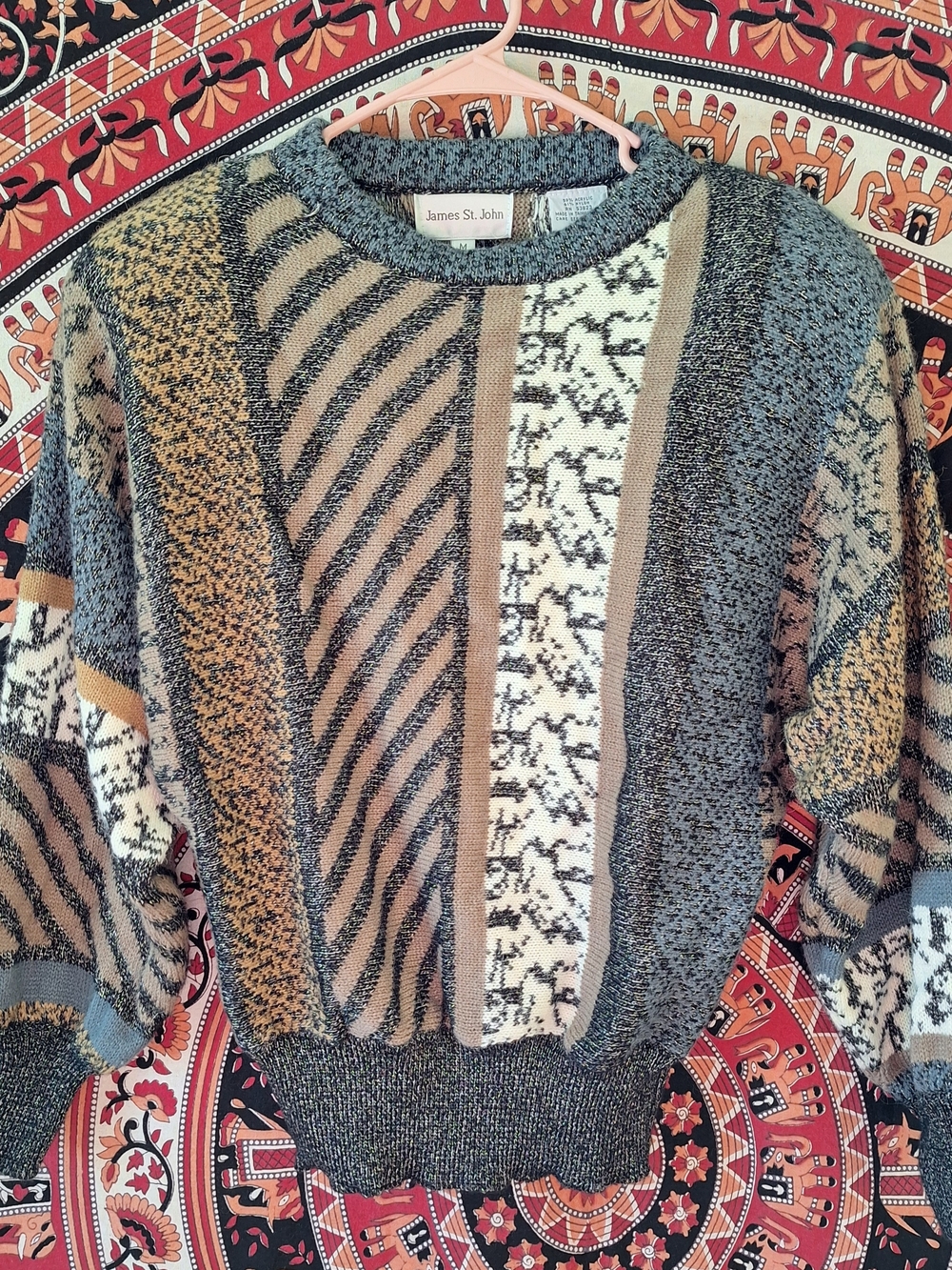 Vintage Women's Abstract Multi Pattern Metallic Shimmery Dolman Sleeve Sweater